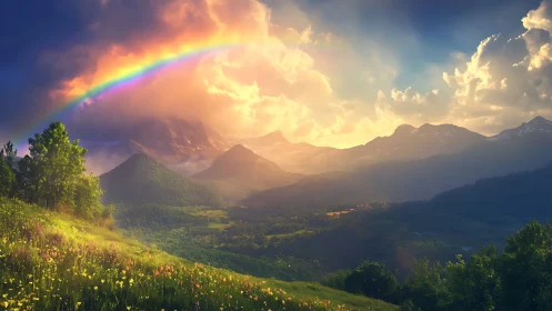 Rainbow hush over sunlit mountains and wildflower valley.