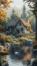 Stone cottage nestles by a quiet pond in golden forest light