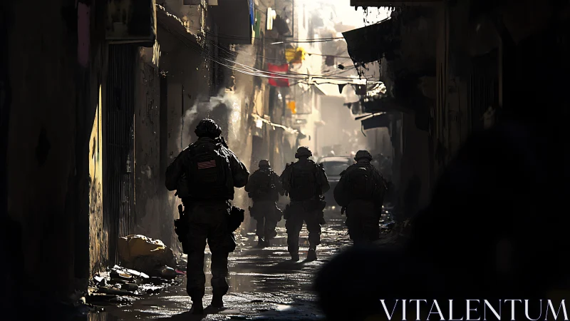 Soldiers patrol narrow damaged alley under harsh backlighting