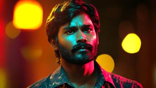Neon-lit gaze of a brooding man in cinematic night glow.