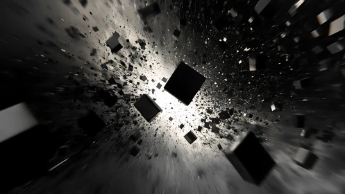 Shimmering black cubes drift through a glowing cosmic void