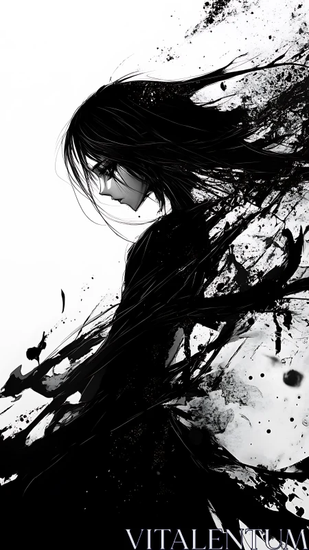 Monochrome ink warrior dissolving into abstract splashes.