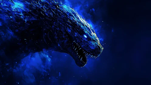 Bioluminescent kaiju head rendered in high-contrast blue values