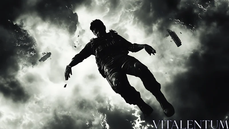 Drifting soldier eclipsed by stormlit void in freefall silence.