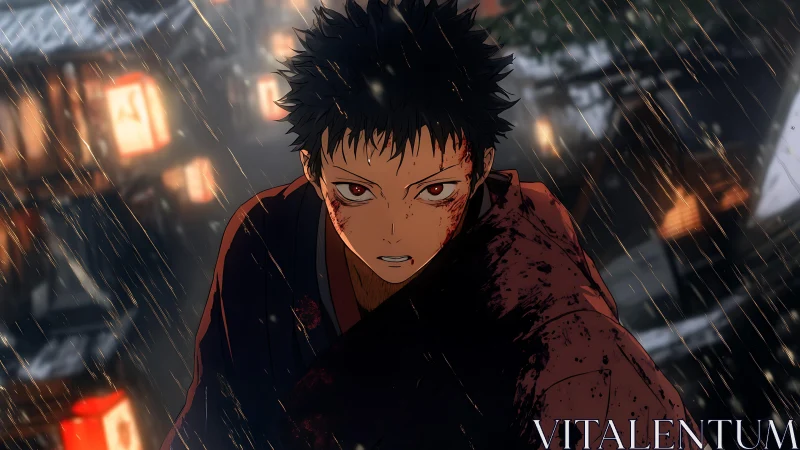 Bloodied anime fighter in rain-soaked street under dynamic lighting