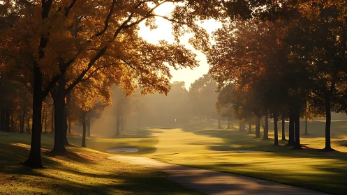 Autumnal golf fairway in low-angle volumetric sunrise light.