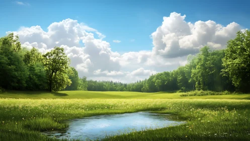 Sunny meadow with small pond under cumulus clouds.
