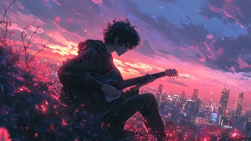 Teen guitarist overlooking glowing city at vivid sunset.