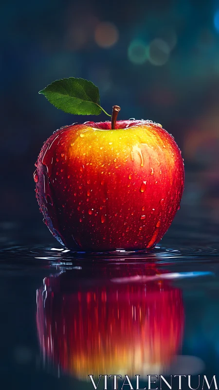 Juicy red apple glowing softly above shimmering water.