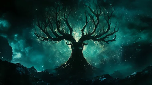 Luminescent tree silhouette framed by teal cosmic nebula.