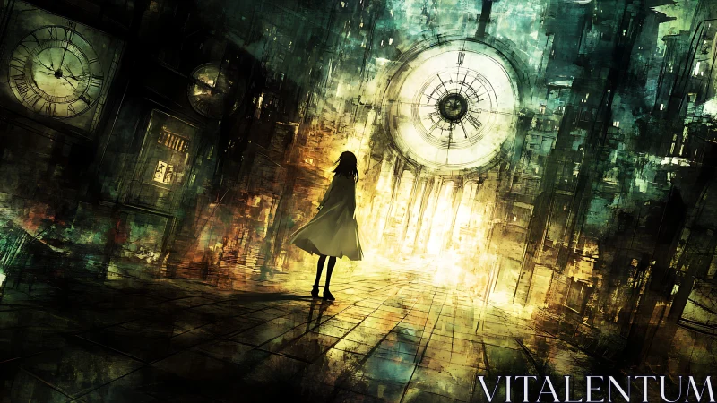 Solitary figure confronts luminous clockscape in warped corridor