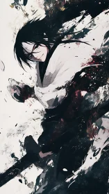 Brushstroke shadows whirl as the stoic swordsman smiles