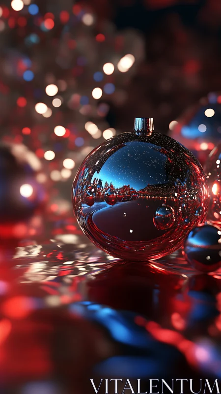 Gleaming Christmas bauble reflects festive bokeh lights.