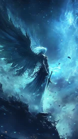 Winged armored figure stands on rocky edge in luminous void