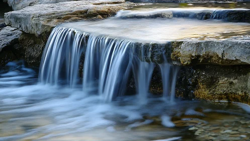 Serene natural stone waterfall captured in soft, flowing motion.