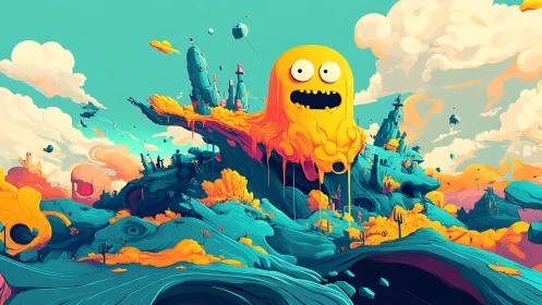 Cheerful slime monster melts across a surreal alien valley