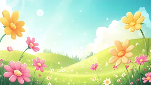 Cartoon wildflowers sway over bright rolling spring hills