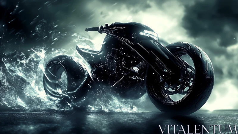 Storm-chasing cyber bike carves silver water and thunder.