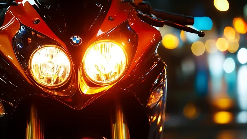 BMW motorcycle front headlights glow against urban bokeh