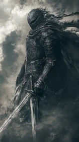 Armored figure stands with dual swords amid dense clouds
