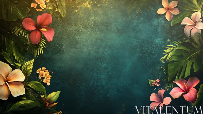 Lush tropical flowers framing emerald textured void.