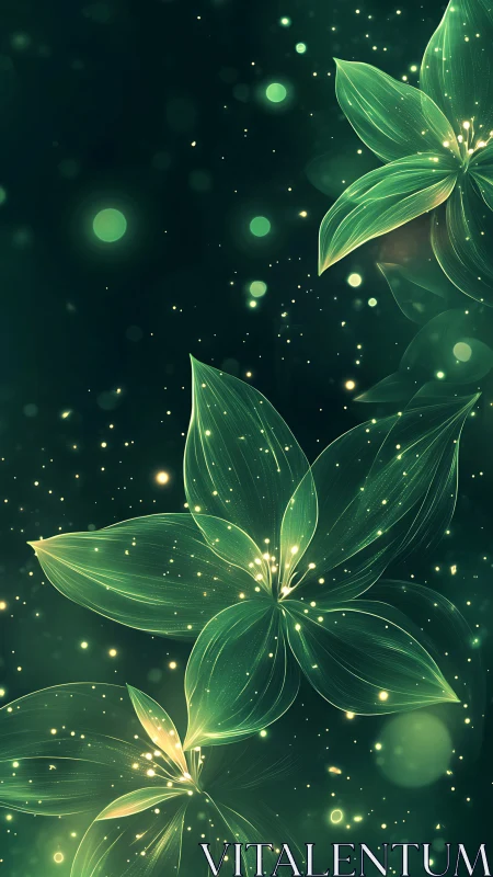 Luminous emerald floral vectors with ethereal particle glow.