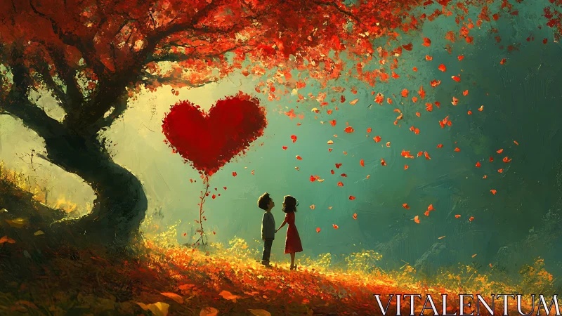 Silhouetted Figures Beneath Crimson Heart Symbol Tree