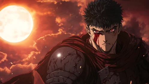 Anime warrior under blood-red moon in dramatic chiaroscuro.