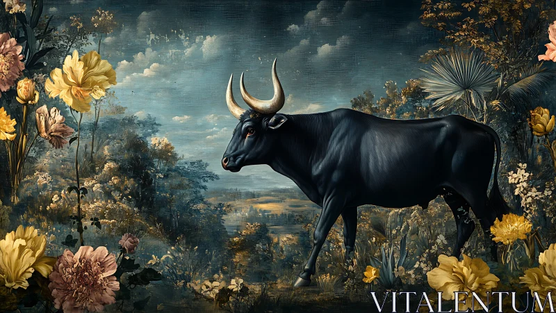 Midnight bull in baroque floral landscape under teal sky.