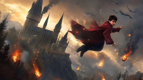 Skyborne young sorcerer slices through a burning twilight siege