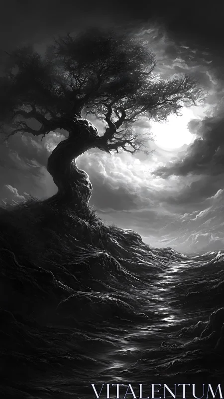 Monochrome twisted tree silhouettes against high-contrast lunar backlight