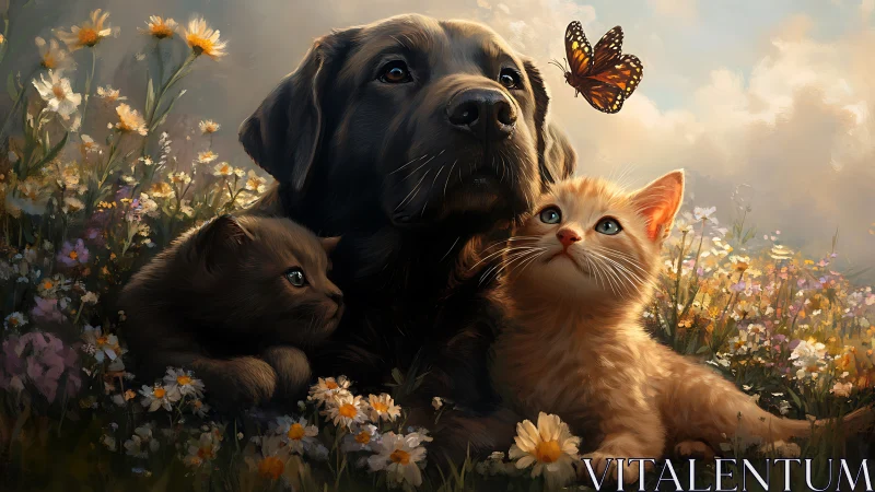 Puppy, Kitten, and Butterflies in Blooming Meadow.