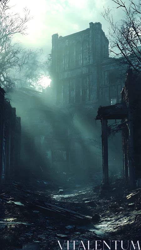 Fog-drenched ruined tower in desolate urban wasteland.