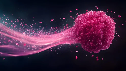 Abstract pink particle burst in motion, digital art style.