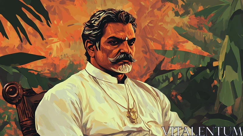 Digital painting portrait with tropical foliage backdrop structure.