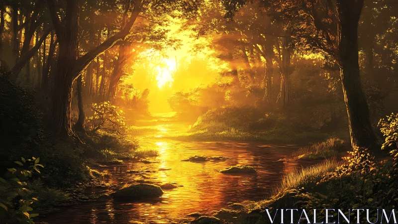 Backlit forest creek in golden hour digital painting study.