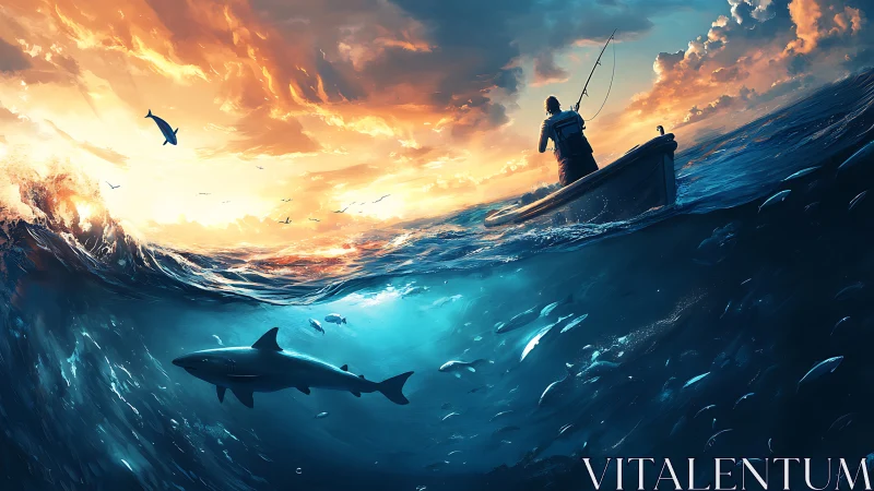 Solitary fisherman faces hidden sharks beneath fiery sunset sky.