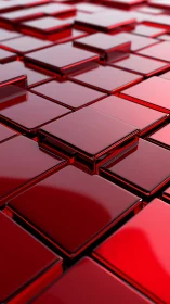 Red reflective 3D tiles form a staggered grid with glossy shading