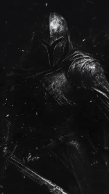 Armored warrior in chiaroscuro lighting advances through shadow