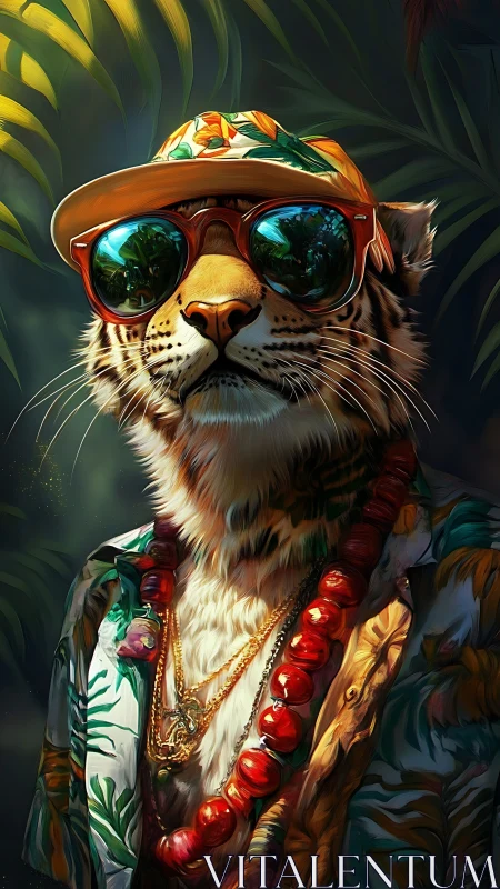 Digital painting portrait of tropical streetwear tiger character.
