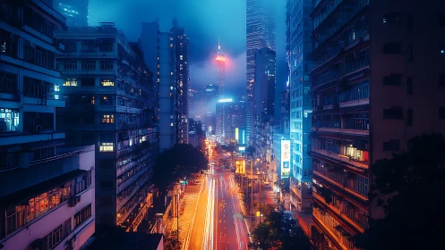 Neon-lit city avenue glows through misty high-rise canyon at night