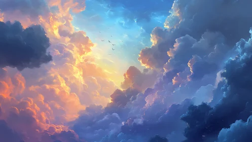 Digital painting of luminous sunset cumulonimbus strata.