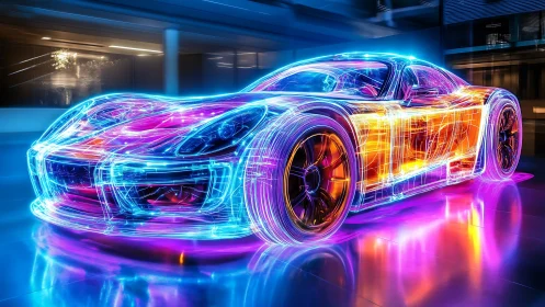 Neon wireframe sports car renders dynamic motion in cyber grid