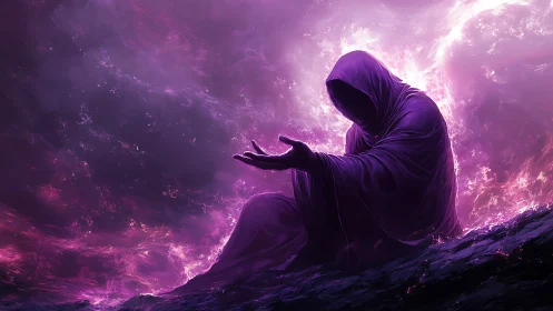Hooded void entity channeling violet plasma vortices.