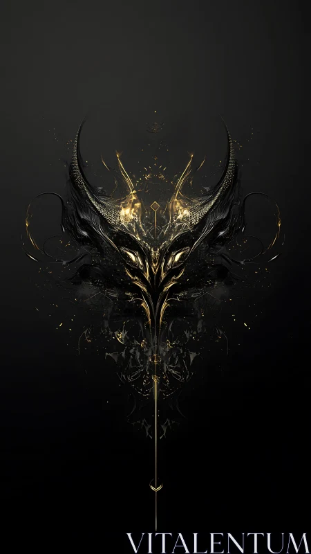 Ornate horned mask emerges in glowing black and gold symmetry.