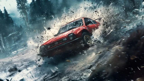 Rally car exploding through mud in dynamic forest storm scene.