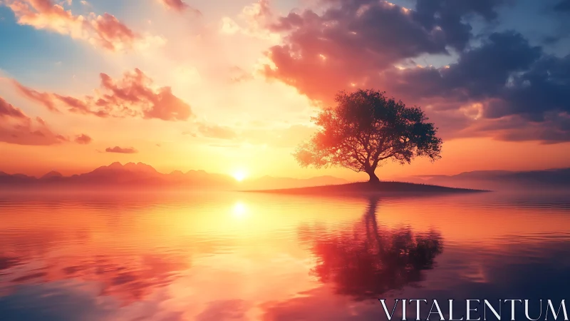 Solitary sunset tree adrift on molten watercolor horizon.