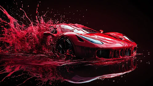 Red sports car emerging through liquid splash effect.