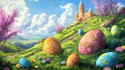 Decorated eggs on hillside meadow leading to distant castle.