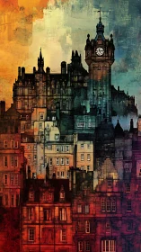 Layered cityscape with clock tower under gradient sky.